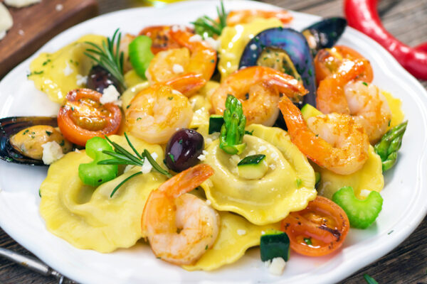 dish of ravioli with seafood